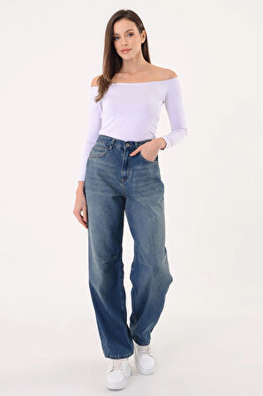 Kadın Lacivert  Yüksel Bel Soluk Efektli Baggy Jeans