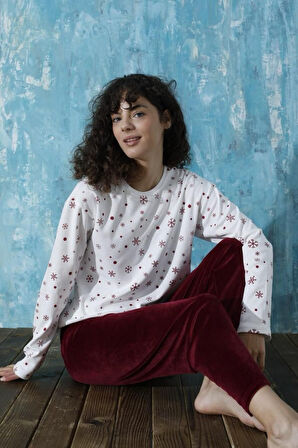 Kadın Bisiklet Yaka Düşük Omuz İnterlok Pamuklu Üst Kadife Alt Kışlık Pijama Eşofman Takım