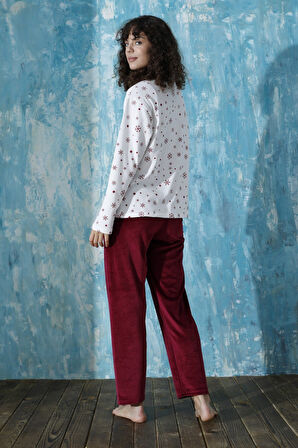 Kadın Bisiklet Yaka Düşük Omuz İnterlok Pamuklu Üst Kadife Alt Kışlık Pijama Eşofman Takım