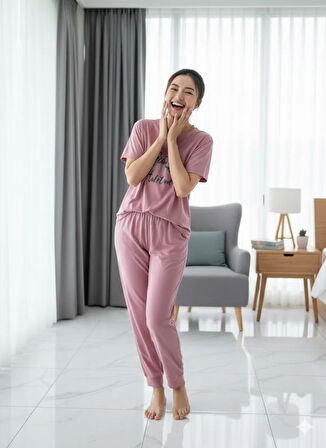 KADIN PEMBE KISA KOL PİJAMA TAKIM