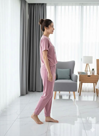 KADIN PEMBE KISA KOL PİJAMA TAKIM