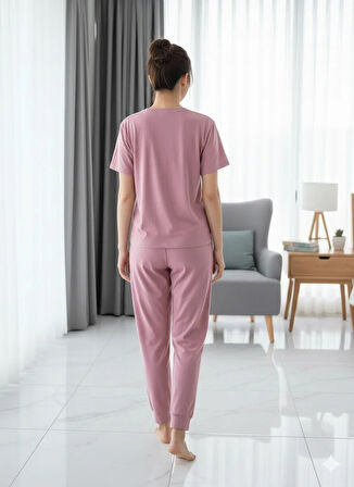 KADIN PEMBE KISA KOL PİJAMA TAKIM
