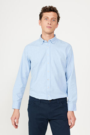 Erkek Açık Mavi Slim Fit Dar Kesim Düğmeli Yaka Flanel Oduncu Gömlek