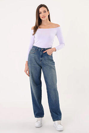 Kadın Lacivert  Yüksel Bel Soluk Efektli Baggy Jeans