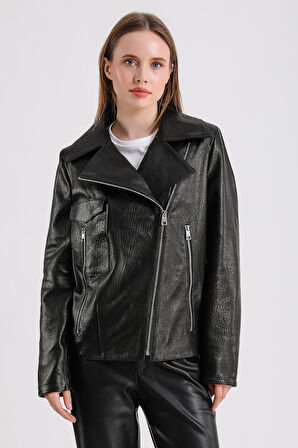 Billie Kadın Siyah Deri Biker Ceket