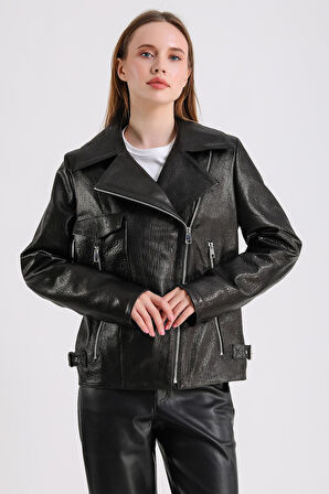 Billie Kadın Siyah Deri Biker Ceket