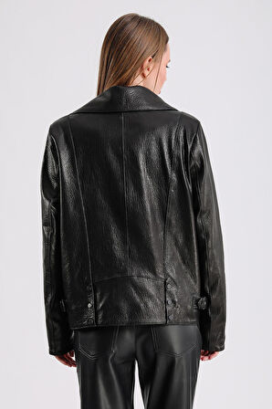 Billie Kadın Siyah Deri Biker Ceket