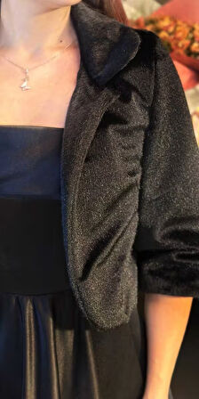 Siyah Tay Tüyü Kısa Bolero Abiye Ceket 6009