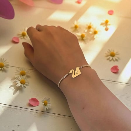 14 Ayar Altın Plakalı Rosa İsmine Özel Kuğu Kuşu Figürlü Beyaz Taş Desenli Hediye Bileklik-601