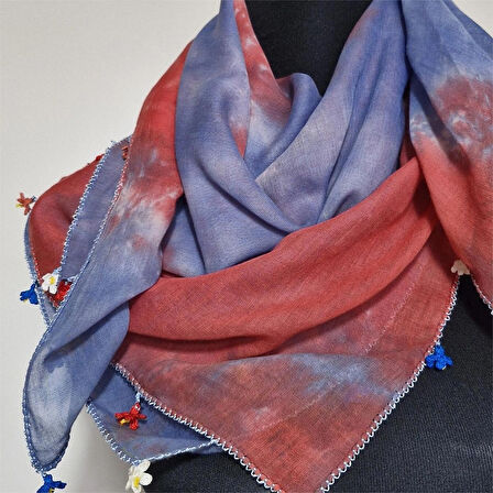 Kare pamuklu Batik Boyalı , İğne Oyalı, El Yapımı pamuklu kare fular, Hediyelik, Moli Tasarım
