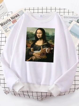 T shirt Mona Lisa sarılma kedi Kawaii kadın Hoodies moda rahat Hoodie boy gevşek tişörtü sıca