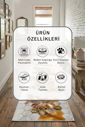 Yıkanabilir Kaymaz Persev Gold Dijital Baskılı Yolluk Halı Tüy Tutmaz