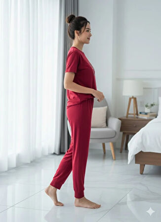 KADIN BORDO YAZLIK PİJAMA TAKIM