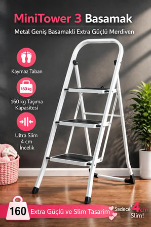  Minitower 3 Basamaklı Metal Merdiven - Ekstra Güçlü Beyaz