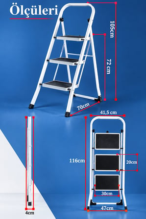  Minitower 3 Basamaklı Metal Merdiven - Ekstra Güçlü Beyaz