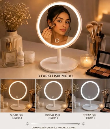 LED ışıklı DİMMERLİ USB ŞARJLI dokunmatik makyaj aynası beyaz - 3 RENK ışık modu 360 DÖNER masaüstü ayna yuvarlak