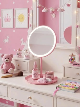 LED ışıklı DİMMERLİ USB ŞARJLI dokunmatik makyaj aynası pembe - 3 RENK ışık modu 360 DÖNER masaüstü ayna yuvarlak
