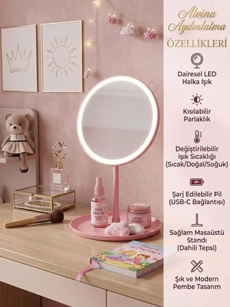 LED ışıklı DİMMERLİ USB ŞARJLI dokunmatik makyaj aynası pembe - 3 RENK ışık modu 360 DÖNER masaüstü ayna yuvarlak
