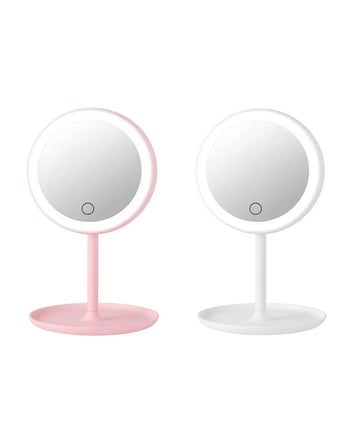 LED ışıklı DİMMERLİ USB ŞARJLI dokunmatik makyaj aynası pembe - 3 RENK ışık modu 360 DÖNER masaüstü ayna yuvarlak