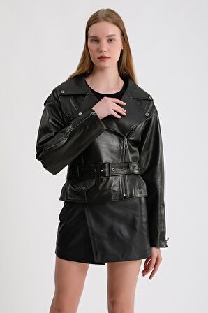 Kadın Oversize Biker Deri Ceket