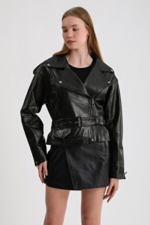 Kadın Oversize Biker Deri Ceket