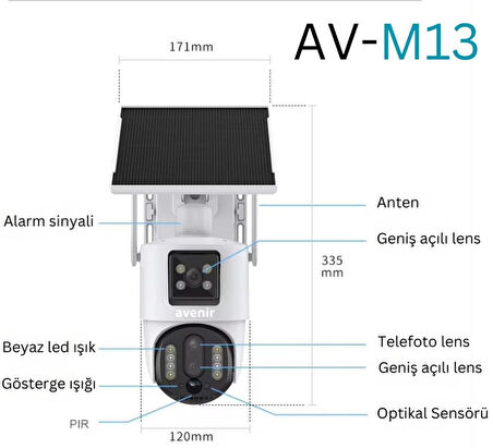 Avenir AV-M13 4MP 3 Lensli 4G Sim Kartlı Solar PTZ Kamera