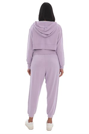 Kadın Viskon Kapşonlu Oversize Crop Sweatshirt-Lila