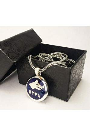 Göktürkçe Türk Yazılı Lacivert Mineli Bozkurt Gümüş Erkek Kolye Zincir