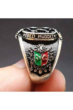 Devlet Ebed Müddet Yazılı Üç Hilalli Erkek Gümüş Yüzük