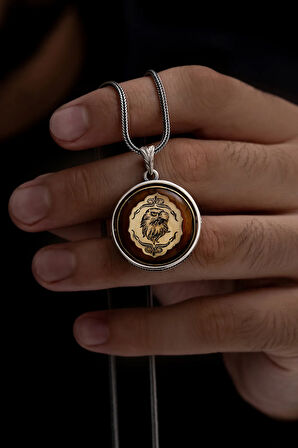 Erkek Turuncu Çift Taraflı Lila Ve Türk Yazılı Kartal Figürlü Gümüş Kehribar Kolye