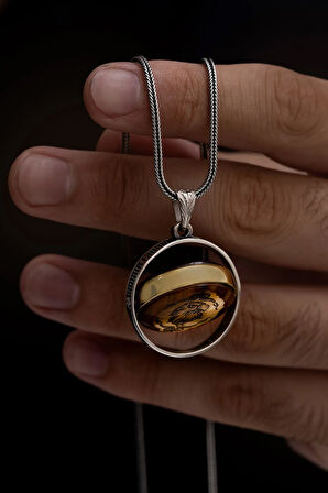 Erkek Turuncu Çift Taraflı Lila Ve Türk Yazılı Kartal Figürlü Gümüş Kehribar Kolye