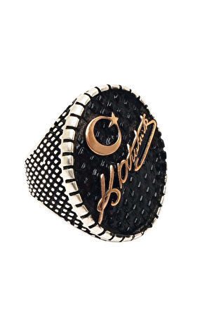 Erkek Siyah Atatürk İmzalı Yılan Derisi Desenli Gümüş Yüzük