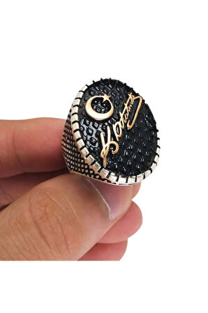 Erkek Siyah Atatürk İmzalı Yılan Derisi Desenli Gümüş Yüzük