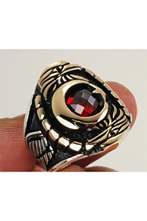 Çift Kartal Ve Ayyıldızlı Erkek Gümüş Yüzük