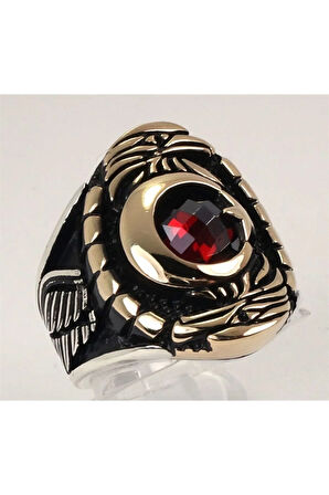 Çift Kartal Ve Ayyıldızlı Erkek Gümüş Yüzük