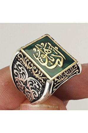 Edep Ya Hu Yazılı Yeşil Mineli Gümüş Erkek Yüzük