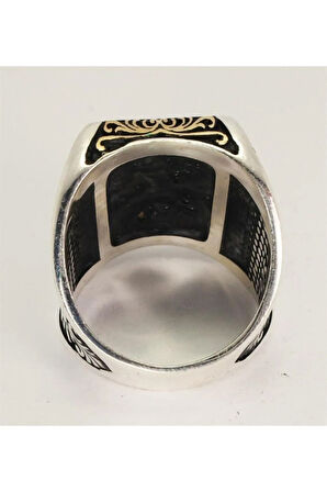 Edep Ya Hu Yazılı Yeşil Mineli Gümüş Erkek Yüzük