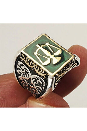 Adalet Terazisi Yeşil Mineli Erkek Gümüş Yüzük