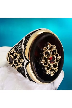 Otantik Tasarım Kırmızı Taşlı Erkek Gümüş Yüzük