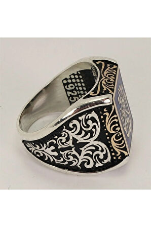 Edep Ya Hu Yazılı Mavi Mineli Gümüş Erkek Yüzük