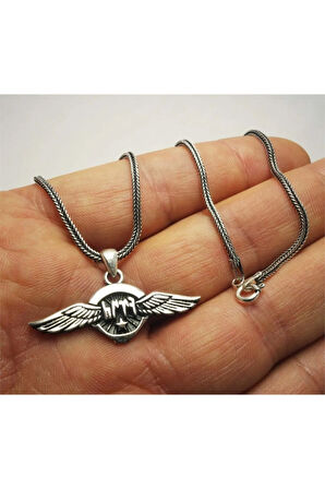 Göktürkçe Türk Yazılı Lilalı Kanatlı Erkek Gümüş Kolye Zincir