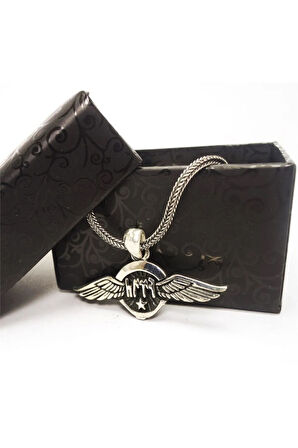 Göktürkçe Türk Yazılı Lilalı Kanatlı Erkek Gümüş Kolye Zincir