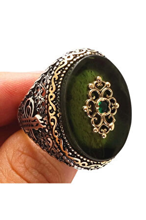 Tuğralı Otantik Tasarım Yeşil Erkek Gümüş Yüzük
