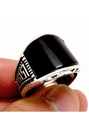 Grek Desenli Oniks Taşlı Erkek Gümüş Yüzük