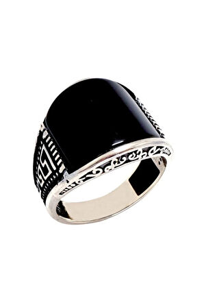 Grek Desenli Oniks Taşlı Erkek Gümüş Yüzük