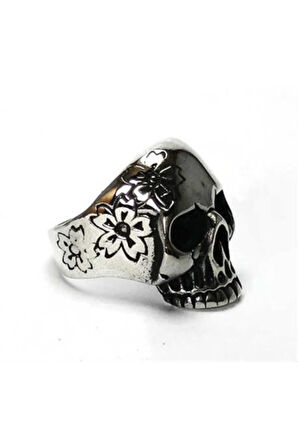 Çiçekli Kurukafa Gotik Gümüş Erkek Yüzüğü