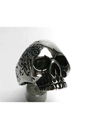Çiçekli Kurukafa Gotik Gümüş Erkek Yüzüğü