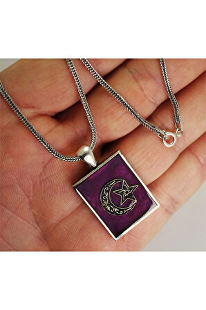 Bordo Mineli Lila Erkek Gümüş Kolye Zincir Orta Boy