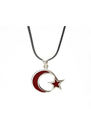 Lila Türk Bayrağı Gümüş Erkek Kolye Zincir
