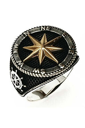 Pusula Çapa Dümen Motifli Gemici Gümüş Erkek Yüzüğü